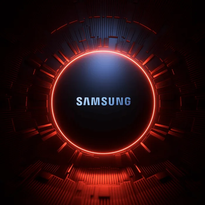 Samsung logo centred inside a glowing red ring.